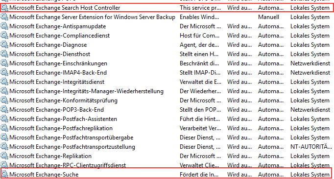 Screenshot Dienstliste Exchange Server 2019